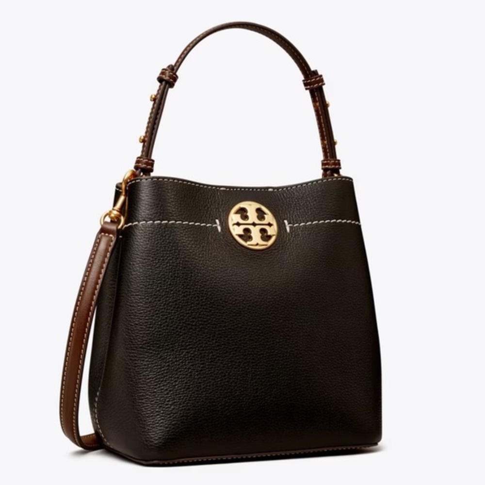 Tory Burch Black Leather Bucket Shoulder Bag with Gold Logo